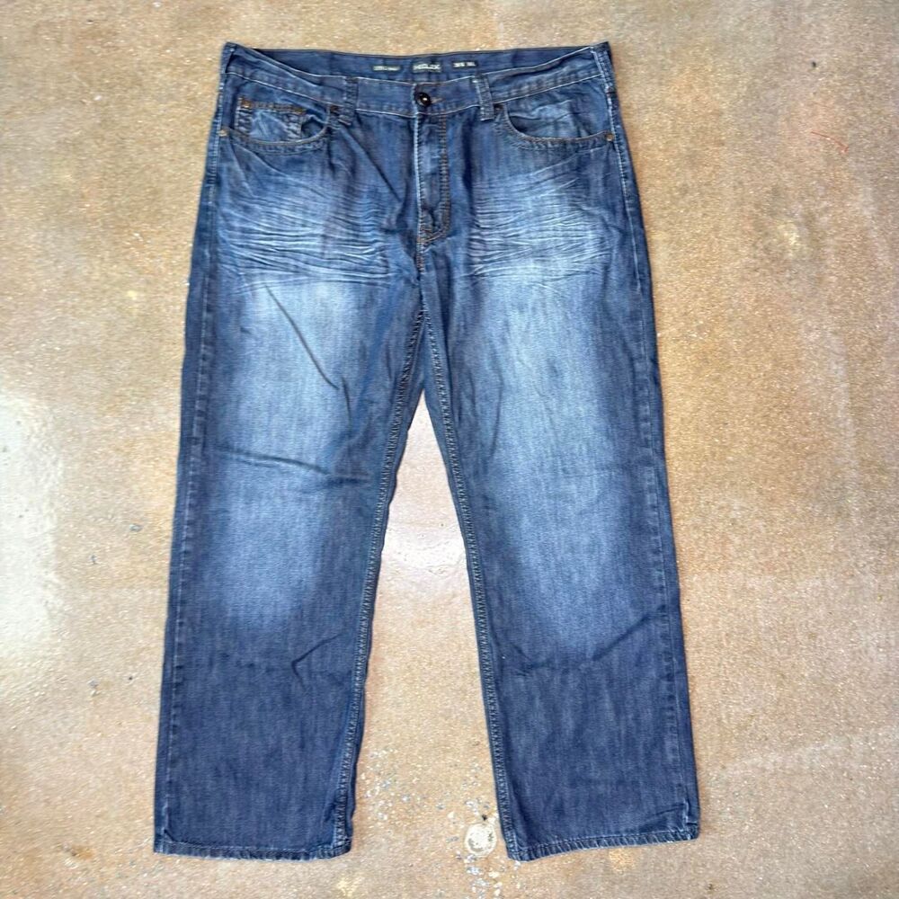 Helix Loose Straight Jeans Men's 38x30 Dark Wash Y2K Embroidered Pocket Denim